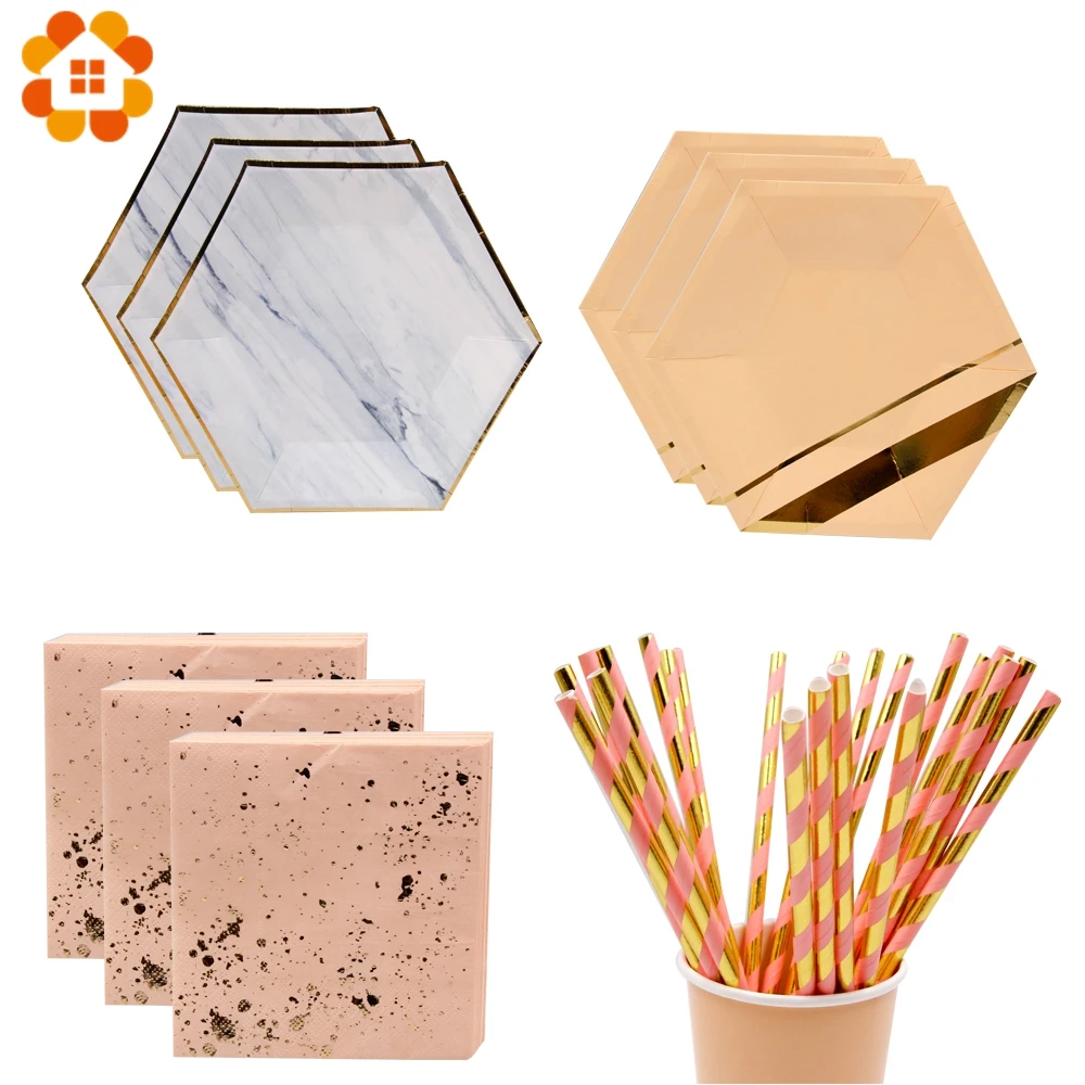 

Rose Gold Disposable Tableware Gilding Paper Straws/Cup/Plates Marble Plates Table Decoration Wedding/Birthday/Party Supplies