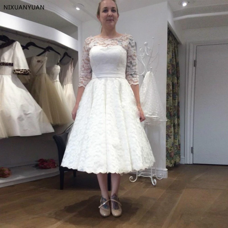 シンプルな格安 A ラインレトロレースのウェディングドレス茶長スクープネック 3 4 スリーブガーデン花嫁衣装パフィースカート Vestido デ Noiva ウェディングドレス Aliexpress