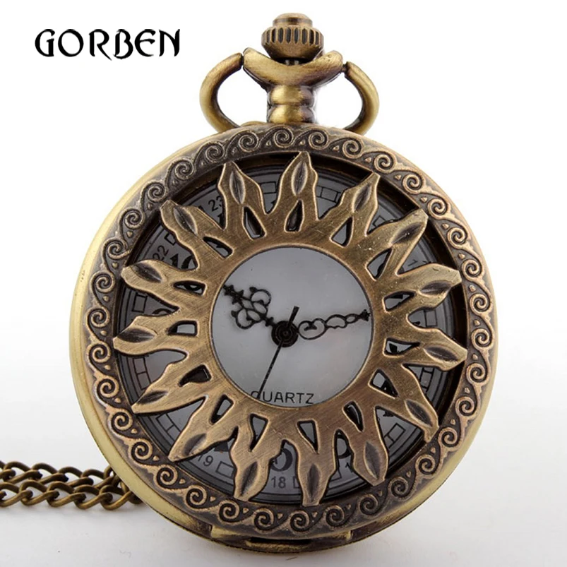 

Retro Antique Bronze Pocket Watches Men Hollow Sunflowers Quartz Pocket Flip Fob Clock Necklace Pendant Chain Relogio De Bolso