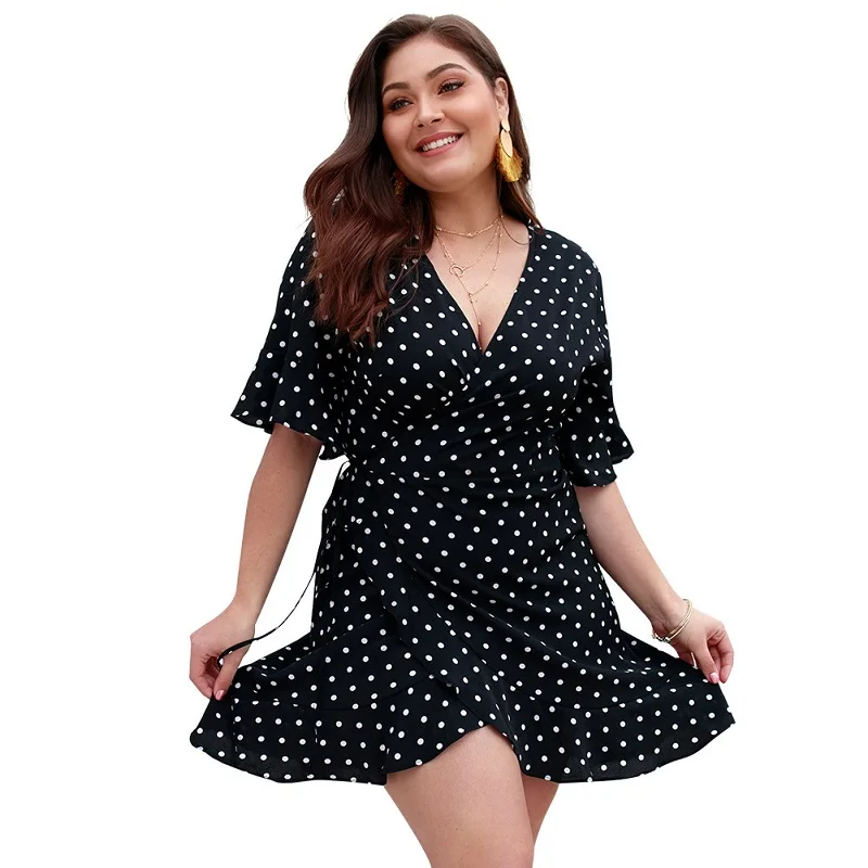 

WHZHM Short Flare Sleeve High Waist Loose Plus Size 3XL 4XL Dress Women Vestido Casual Summer Dot Lace Up Deep V-Neck Dress