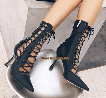 

Women High Heel Pointed Toe Cross-tied Lace-up Mid-calf Sandals Booties Cut Out Sexy PU Pumps Nightclub Party Plus Size Boots