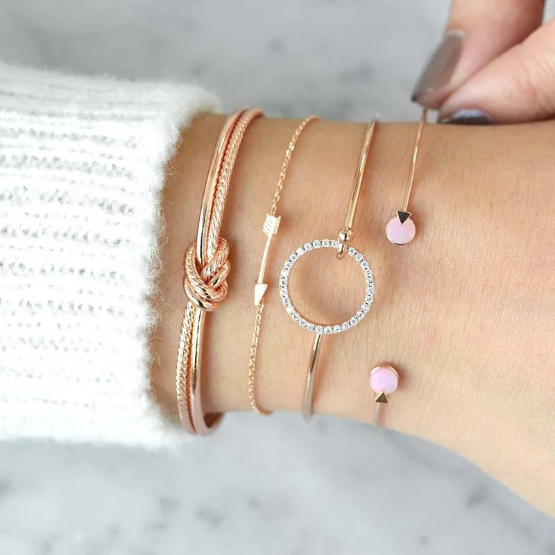 

KMVEXO 4PCS/Set Bohemian Vintage Bangle Arrow Knot Ball Open Gold Pink Bracelets for Women Party Wedding Statement Jewelry 2018