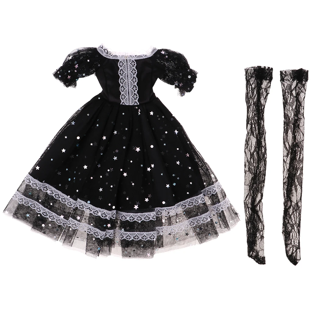 Fashion Star Princess Gauzy Dress Doll Party Dress with Lace Stockings for 1/3 BJD 60cm Dolls Party Dress Up Black
