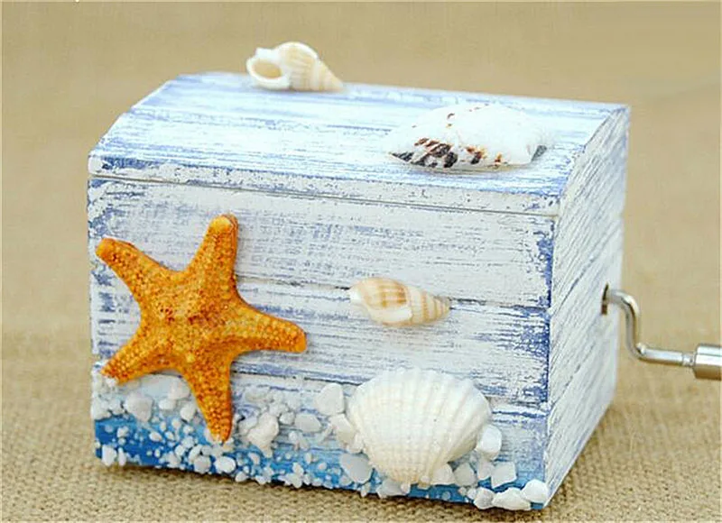 Starfish Shell Beach Classic Clockwork Wooden Music Box Castle in the
