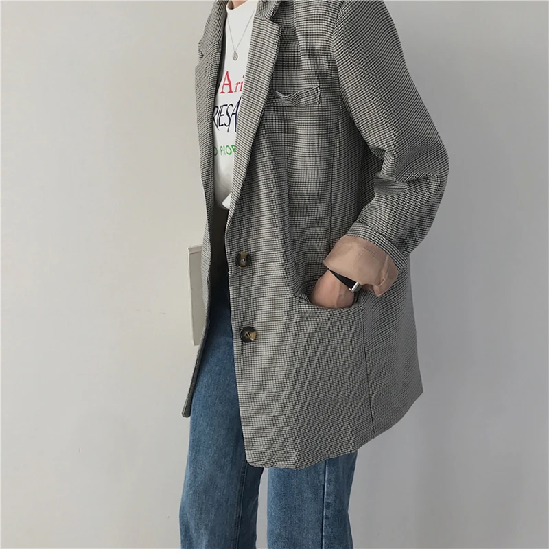 CBAFU Женская свободная клетчатая куртка на одной пуговице, Женское пальто, весна-осень, рабочая одежда, верхняя одежда, клетчатое пальто, повседневный костюм, куртка D376
