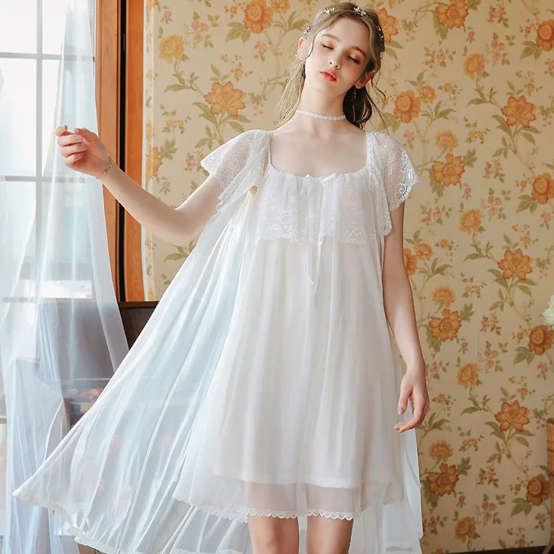

Summer Fairy Lace Robe Lingerie Set 2 Piece Sleepwear Large Woman Sexy Nightgown Sweet Lady Pijamas Dress Princess Pajama Dress