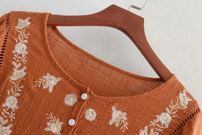 Boho Для женщин блузка с длинным рукавом o-образным вырезом цветочной вышивкой Весенняя блуза Повседневное хлопок и лен Для женщин топы и