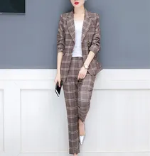 2018 Autumn New Women Plaid 2 Piece Sets Irregular Blazer  Straight Pant Office Outfits Notched Fashion Work Pant Suits