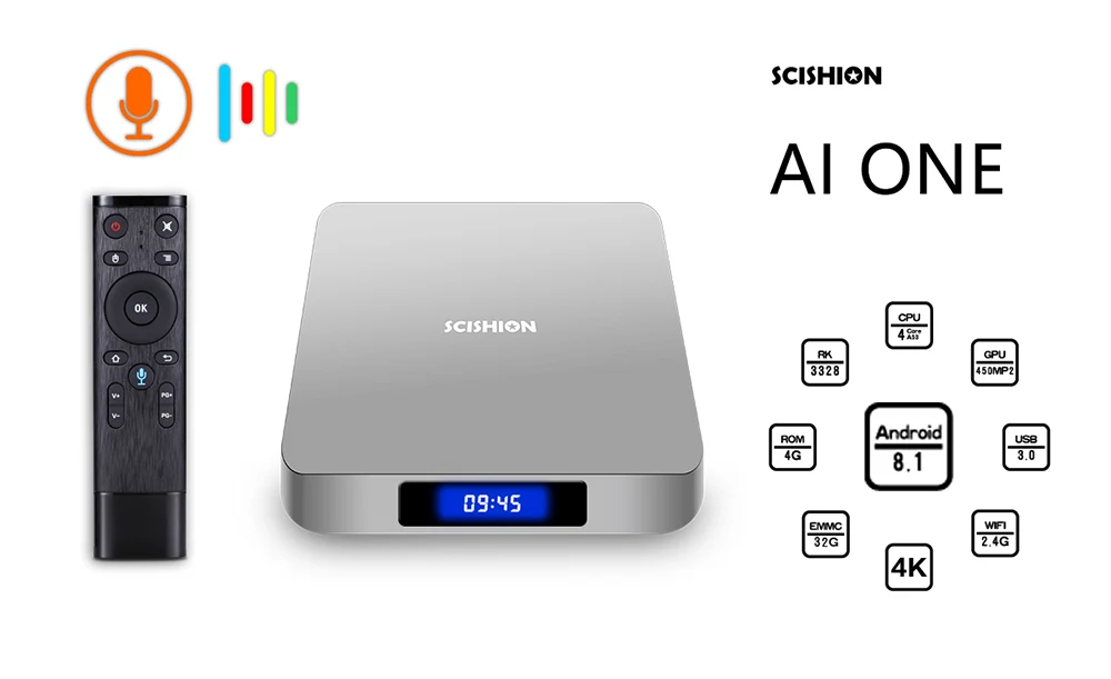 SCISHION AI One Android 8,1 Smart tv Box с голосовым управлением Rockchip 3328 4 ГБ 32 ГБ 2,4 ГГц WiFi телеприставка Bluetooth телеприставка