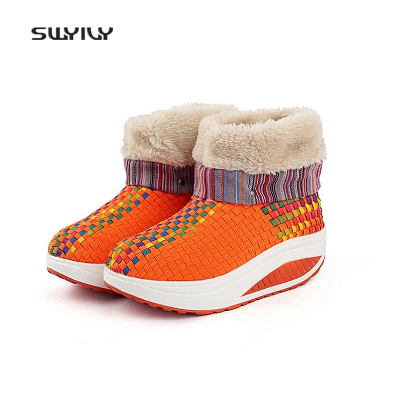 SWYIVY Women Toning Shoes Winter Warm Velvet Hand-woven Swing Shoes 2018 Chinese Style Platform Soft Slimming Shoes For Females
