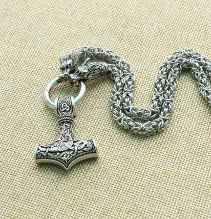 Men stainless steel necklace viking wolf head with thor's hammer mjolnir pendant norse talisman ethnic jewelry