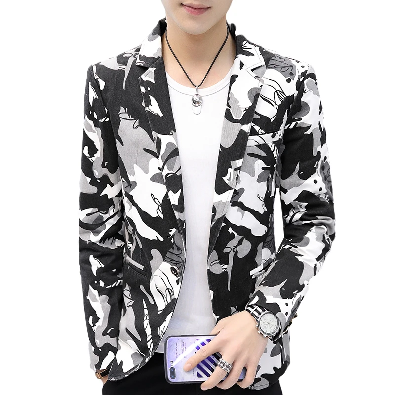 2019 New Blazer Men Camouflage Print Slim Fit Mens Jeans Blazer Jacket