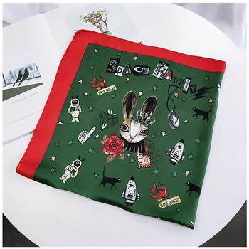 

6Colors Rabbit Owl Print Bandana Square Scarf for Ladies Fashion Accessoires Silk-like Hair Handkerchief Women's Bag Scarf 70cm