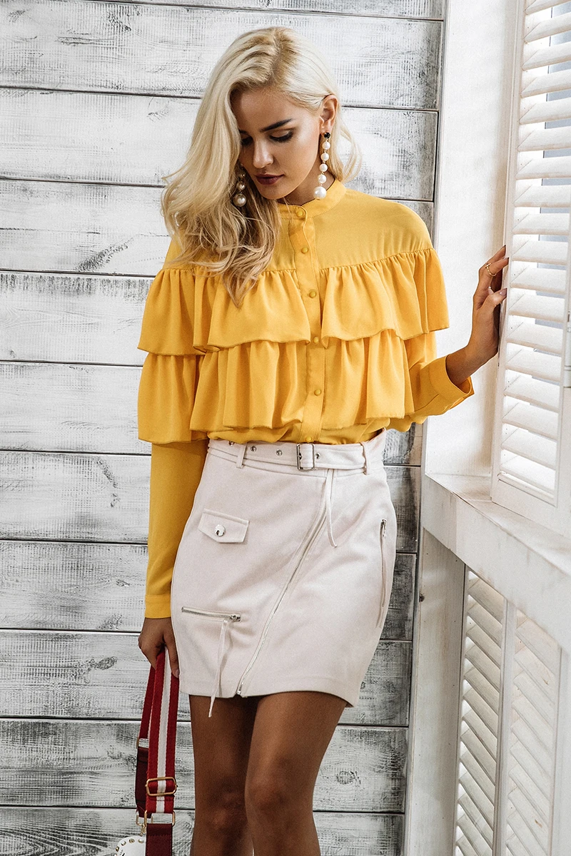 Elegant Ruffles Long Sleeve Yellow Blouse Shirt