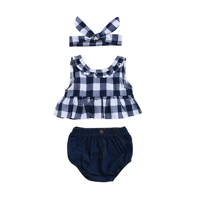 2019 New cute Toddler Baby Girl Summer Plaid Skirted T-shirt Tops+Denim Shorts Clothes Set fashion design (7)