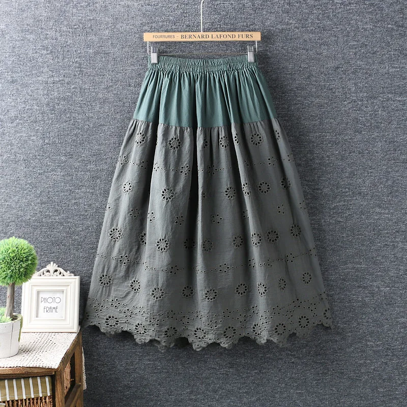 

vintage cotton hollow out embroidery Elastic waist skirt mori girl 2018 spring