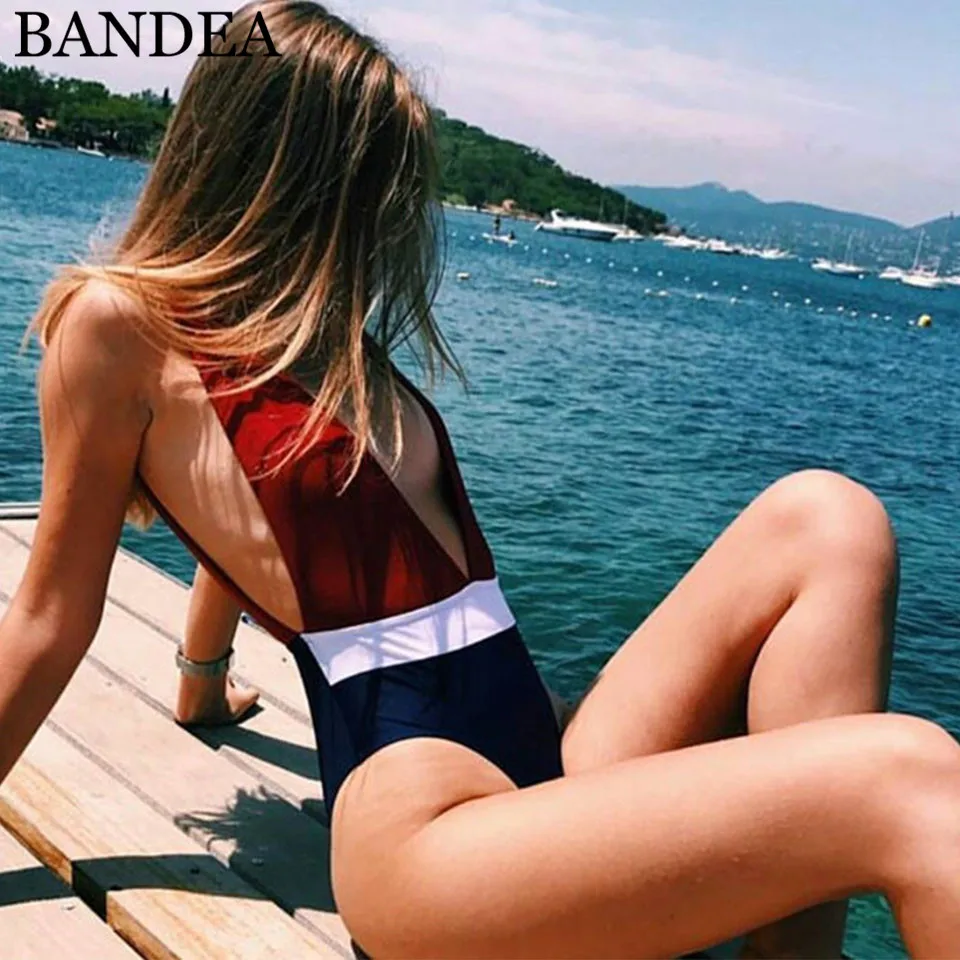 

BANDEA one piece suit women patchwork swimwear deep V bathing suit backless swimming suit monokini summer 2019 beach wear