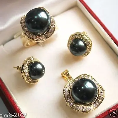 

Hot selling free shipping*****Elegant 10mm &14mm Black South Sea Shell Pearl 18KGP Earrings Pendant Ring Set