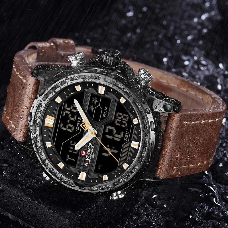 NAVIFORCE Top Brand Men Military Sport Watches Leather LED Digital Quartz Wrist Watch Waterproof Fashion Clock Relogio Masculino