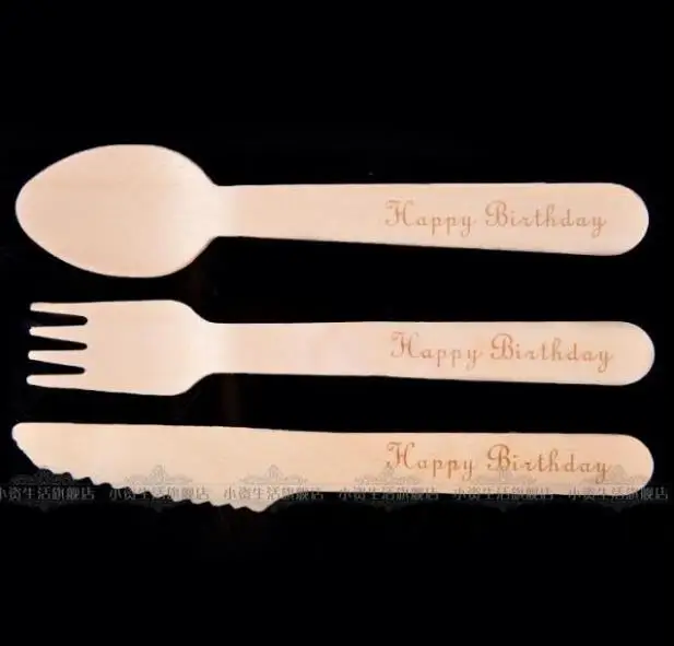 

Event Disposable Party Tableware long 14cm solid color Hot stamping happy birthday wooden knives spoon fork 100pcs/lot