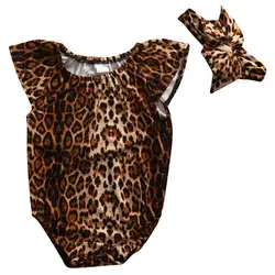 Милый Леопардовый хлопковый Боди без рукавов с круглым вырезом для маленьких девочек 0-24 месяцев, боди комбинезон с повязкой на голову