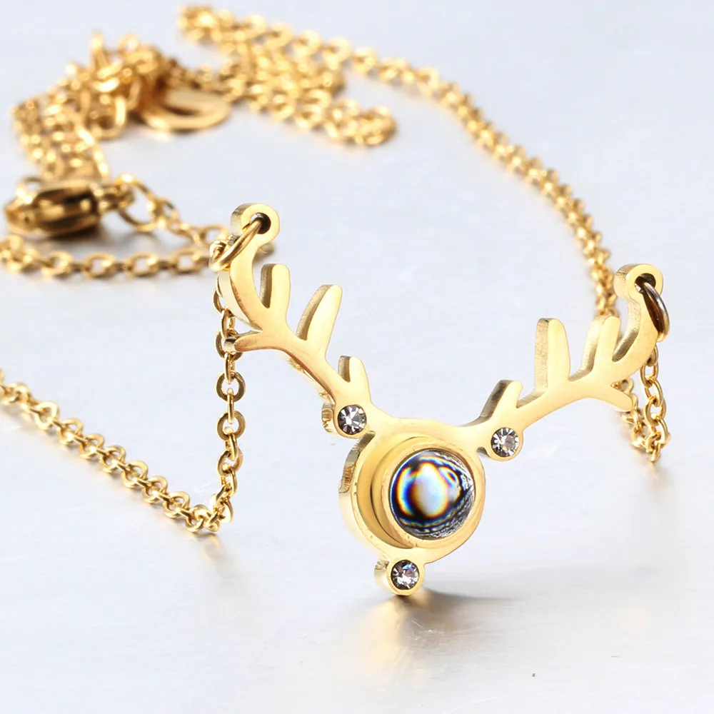 

Lucky Deer Horn Projection Necklace 100 Languages I Love You Romantic Rose Gold Color Stainless Steel Pendants Christmas Gifts
