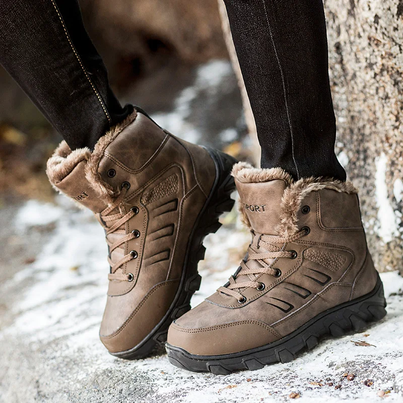 

Genuine Leather Winter With Warm Fur Snow Boots Male for Men Hiking Shoes Comfort Short Plush Sneakers Footwear Outdoor Shoes