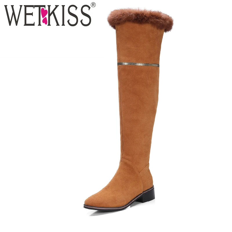 

WETKISS Warm Fur Winter Boots Made Of Genuine Leather Side Zip Over The Knee Boots Easy Walking Square Heel Female Shoes Woman