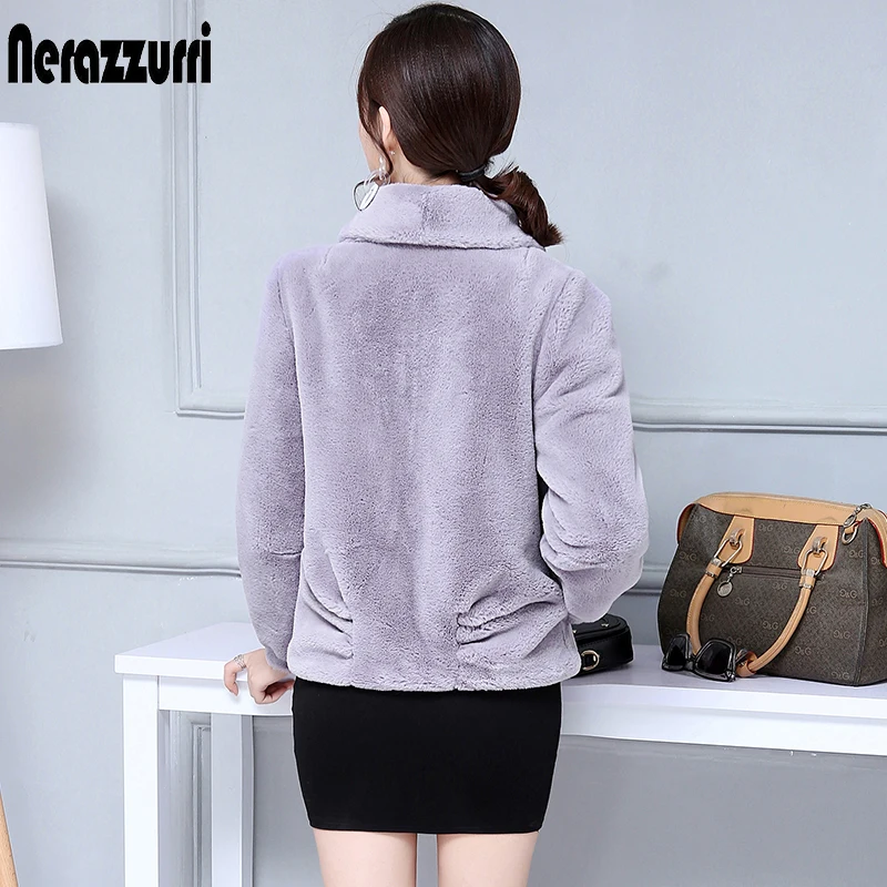 

Nerazzurri Faux Fur Coat Women 2019 Winter Warm Black Blue Gray Long Sleeve Furry Rabbit Fur Top Short Fluffy Fake Fur Jacket