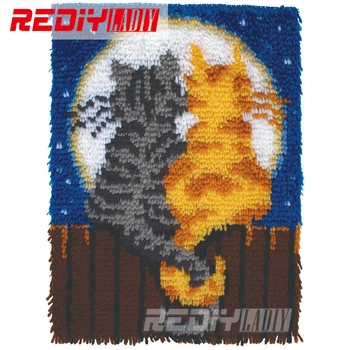 

REDIY LADIY Latch Hook Rug Animal Wall Tapestry Cat Love Floor Mat Pre-Printed Canvas Cushion Yarn Embroidery Unfinished Carpet
