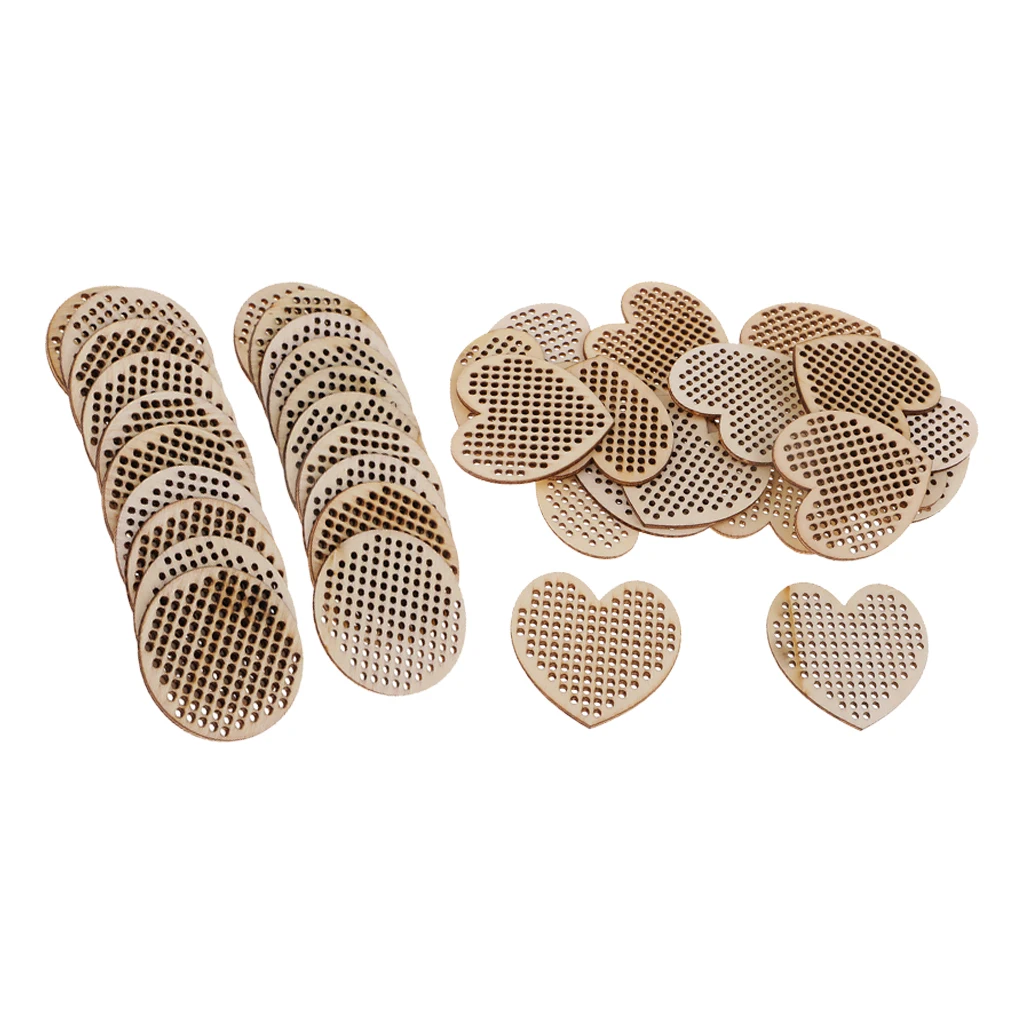 40pcs Wood Oval Heart Shapes Multi-Hole Wooden Pendant for Counted Cross Stitch Kit DIY Home Christmas Decoration Ornaments