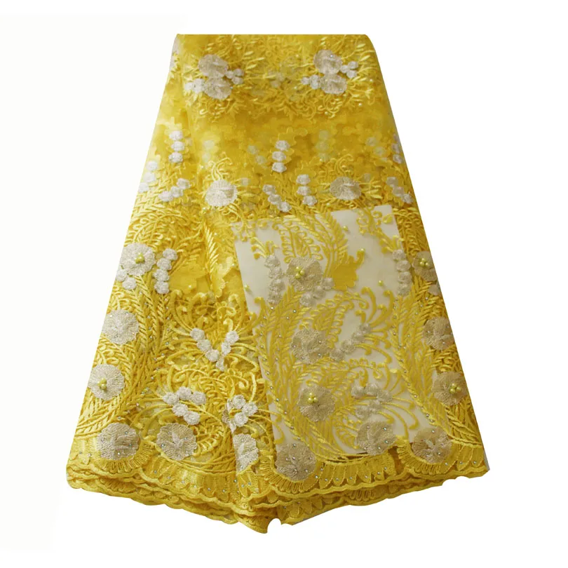 

Ourwin African Lace Fabric Yellow Beaded African Lace Fabric 2019 High Quality Laces Material Bridal Lace Fabric White
