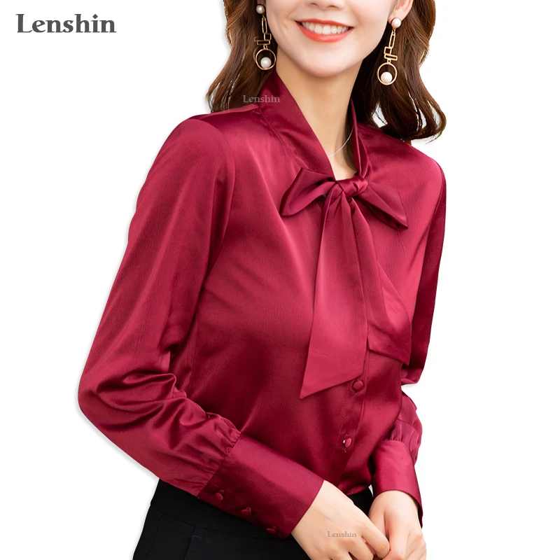 Lenshin новая ткань Высококачественная гладкая и мягкая рубашка с бантом для женщин блузка галстук элегантные топы с длинным рукавом Офисная Женская одежда