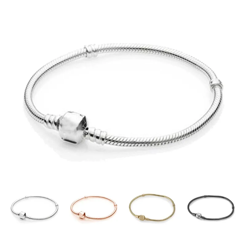 

Authentic 925 Sterling Silver Bead Charm Snake Chain Fit Shine Rose Gold Pandora Moments Bracelet Original For Women DIY Jewelry