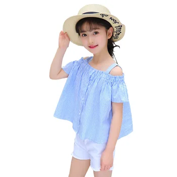 

girl summer tshirt kids t shirt short sleeve children clothing tops blue striped suspender for girls children blouse shirt 4-13T