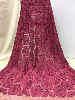 

Guipure Lace Fabrics With Beads Red Mesh Embroidere Russia Net Lace For Evening Party Dress 5yards/Lot