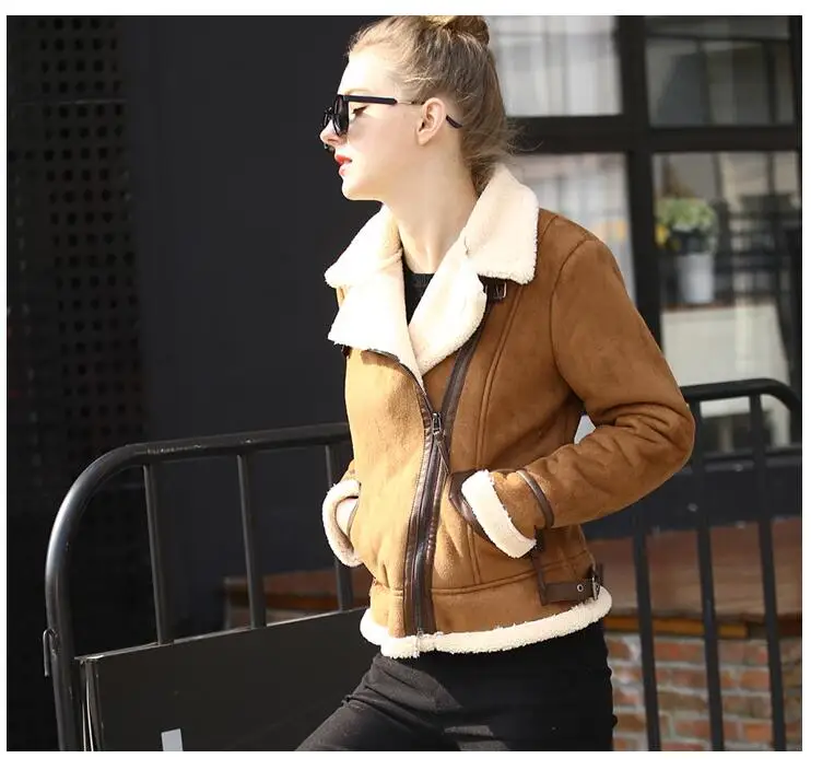 Осень-зима, женские куртки из овечьей шерсти кофейного цвета, Короткие Байкерские Куртки из искусственной кожи и замши, коричневые женские пальто из овчины - Цвет: brown white collar