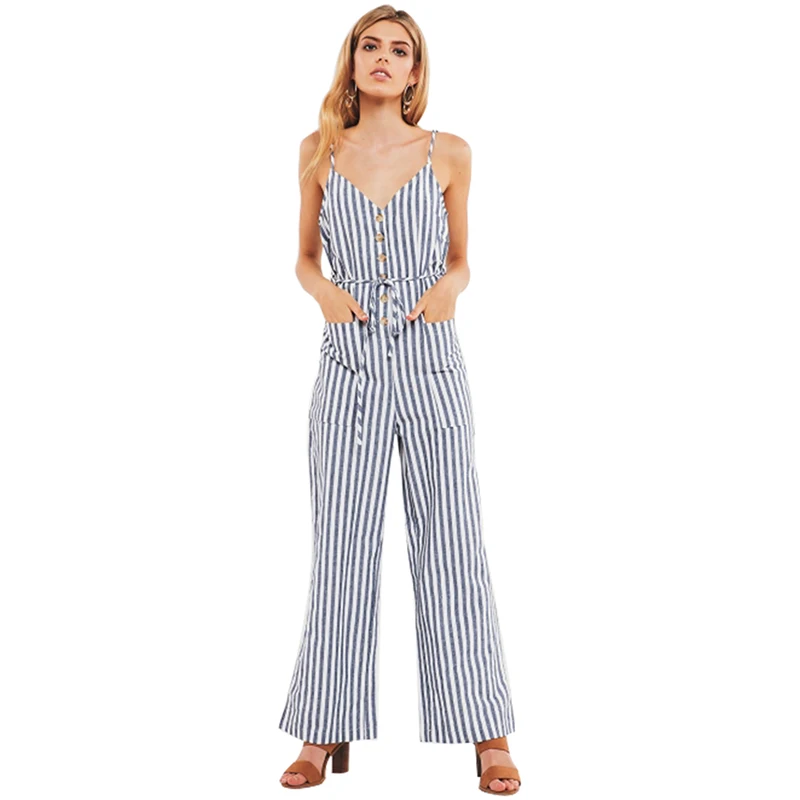 autumn casual jumpsuits women v neck suspender blue rompers womens