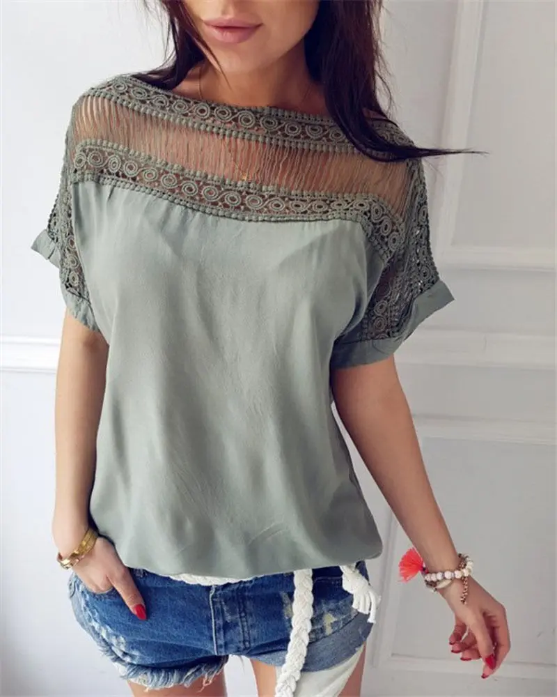 Женская кружевная блузка с коротким рукавом и круглым вырезом|blouses short sleeves|lace