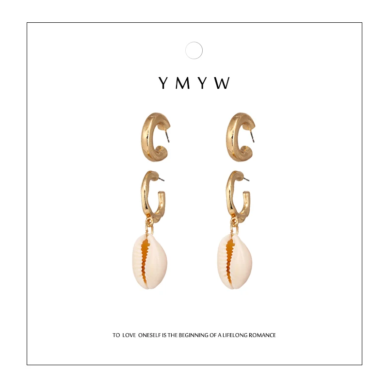 

YMYW Fashion 2019 ZA 2 Pairs Natural Shell Earrings Set for Women Charm Gold Asymmetry Statement Earings Boucle D'Oreille Bijoux