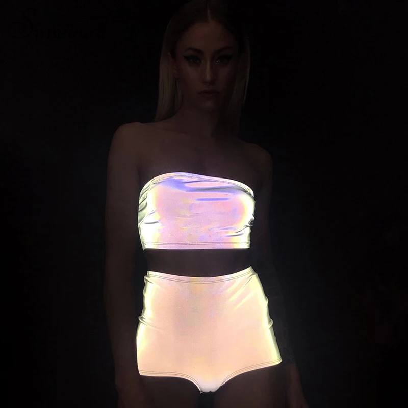 

Simenual Sexy Reflective Party 2 Piece Set Women Shorts Night Out Outfits Fashionable Bodycon Clubwear Sets Tube Top Summer 2019