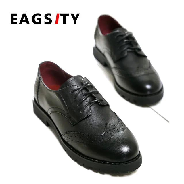 EAGSITY/Туфли-оксфорды из натуральной кожи; женская обувь с перфорацией типа «броги»; нескользящая Повседневная модная женская обувь с круглым носком на шнуровке; Цвет Черный