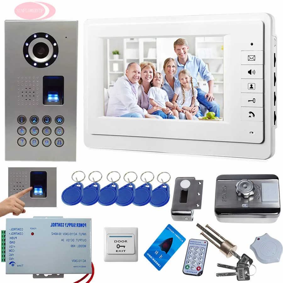 

SUNFLOWERVDP Doorphone For Video Intercom Fingerprint/Code Unlock 7inch Color Monitor For Doorphone CCD Camera IP65 Waterproof