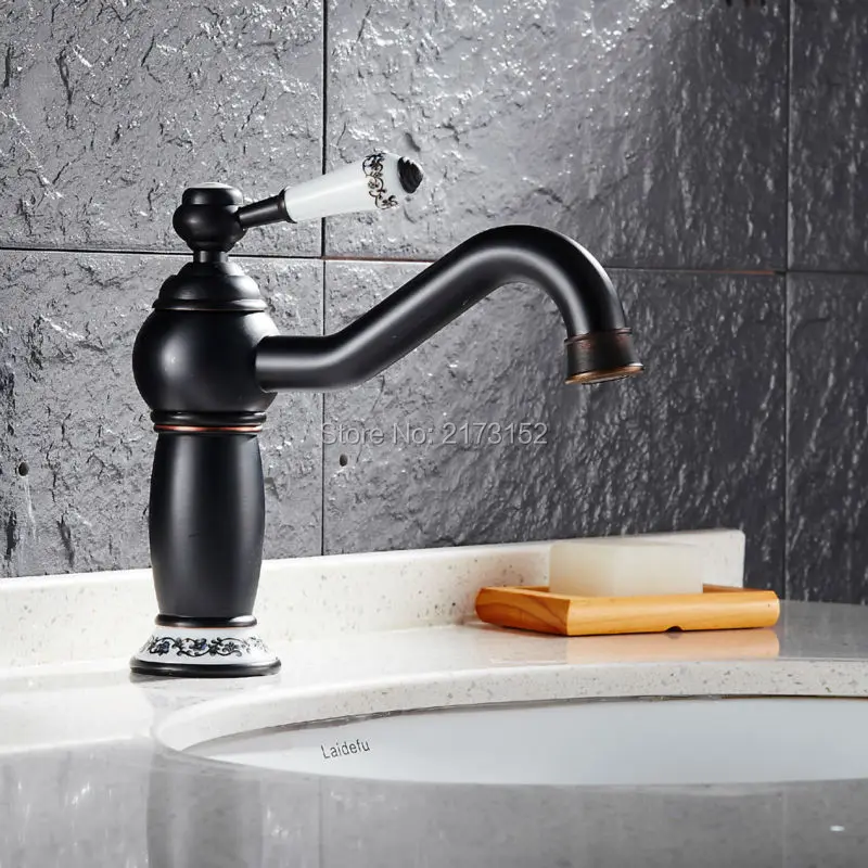 Kraliyet Siyah Bronz Seramik Kolu Banyo Musluk Modern Uzun Ağız Küre Vücut Siyah Boyalı Pirinç Havzası Evye Mikser Dokunun B-050