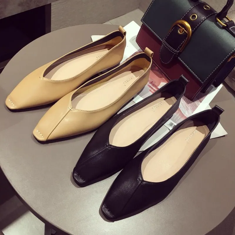 

flat 2019 Rubber Ballet Flats comfortable soft Lace-Up women Casual Slip-On fashion new Shallow ballet Square Toe spring PU