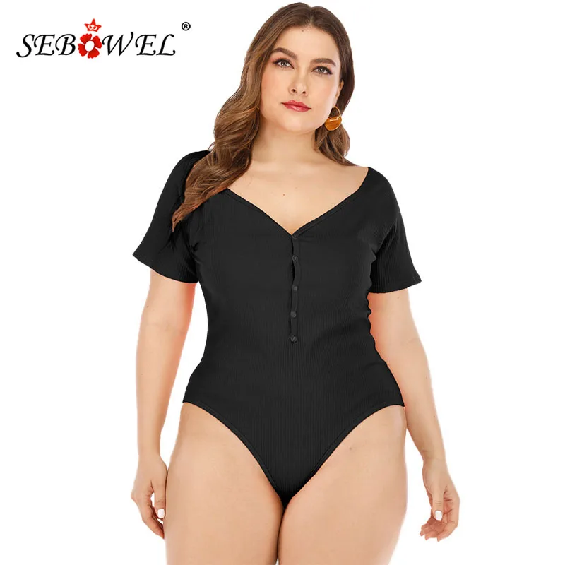

SEBOWEL Plus Size Deep V-neck Short-sleeved Bodysuit Female Summer Button Stretch Tight Bodysuits Women's Casual Basic Top Shirt