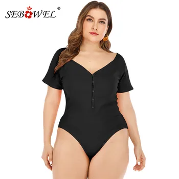 

SEBOWEL Plus Size Deep V-neck Short-sleeved Bodysuit Female Summer Button Stretch Tight Bodysuits Women's Casual Basic Top Shirt