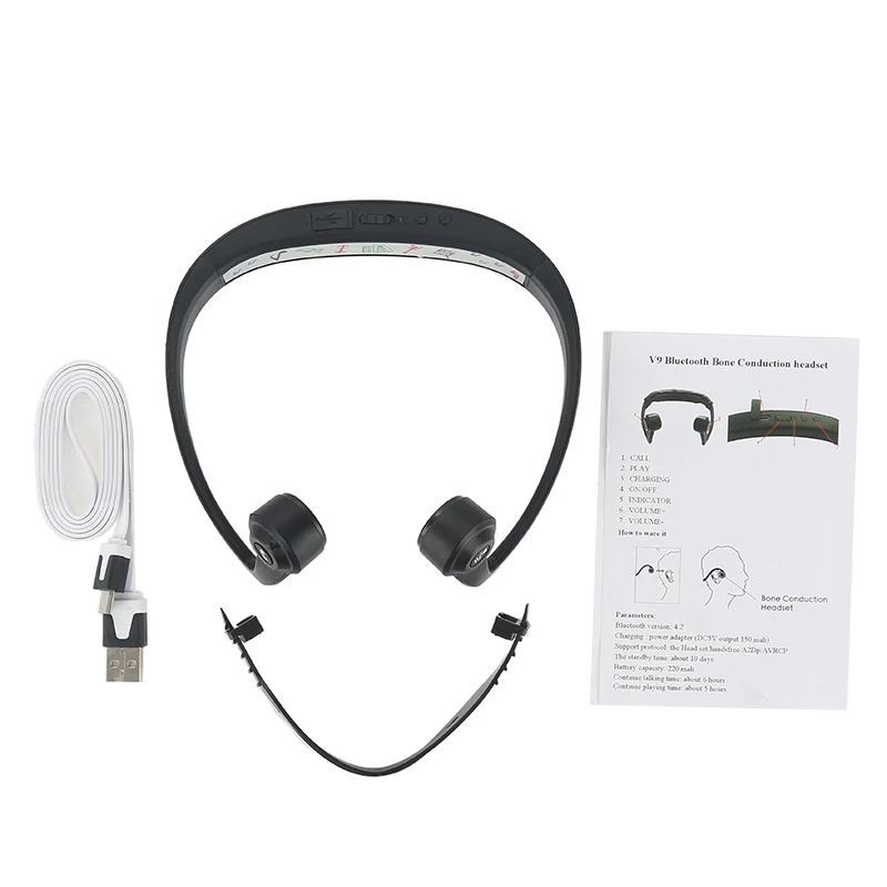 

V9 Ear Hook Bluetooth Headset Bone Conduction Sport Headphone With Mic Adjustable headband For IOS Android Smartphone USB Charge