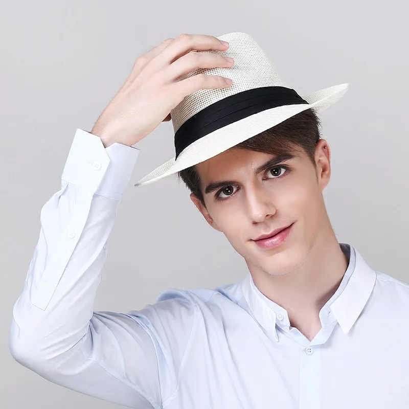 

Mens Panama Hat Male Fashion Straw Sun Cap Wide Brim Bucket Sunscreen Cap Hawaiian Summer Beach Sun Straw Fedora Hats B-8257