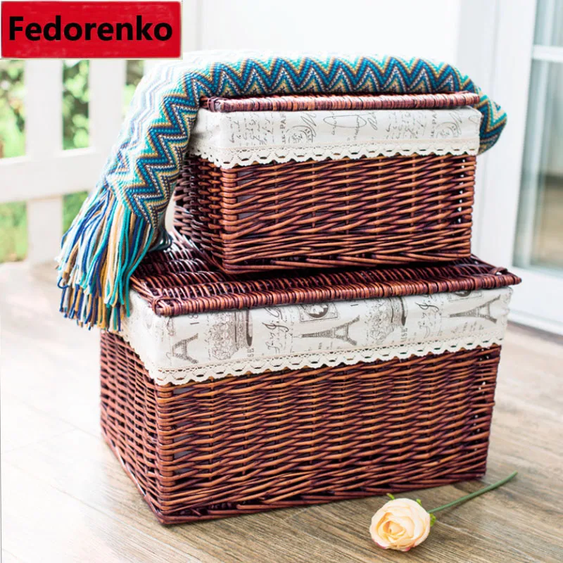 Handwoven Household Wicker Storage Basket with Cloth Liners Large Laundry Cloth Organizer Box Pastoral Wicker Baskets with cover